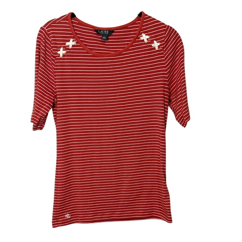 Lauren Ralph Lauren Red Striped Elbow Sleeve Top Eyelet Embellished Size L